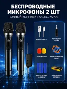 Микрофоны беспроводные 2 шт для караоке, беспроводная система из 2-ух микрофонов
