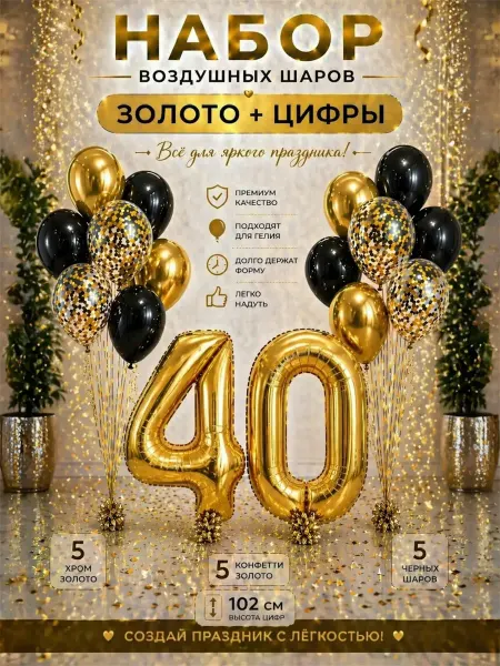 Юбилейный набор воздушных шаров с фольгированной цифрой 40