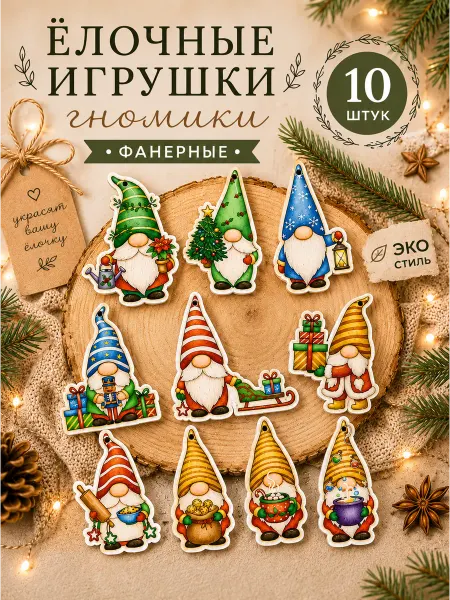 Елочные игрушки деревянные Гномики набор