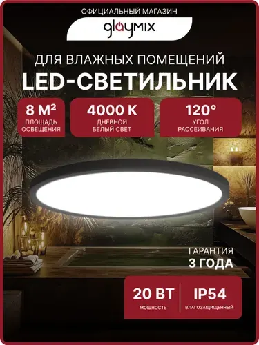 Светильник потолочный светодиодный 20 Вт / люстра для кухни, гостиной комнаты, спальни, ванной, гаража, детской, прихожей / круглый настенный, накладной