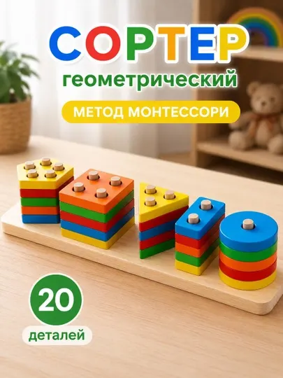 Деревянный геометрический сортер монтессори 20 деталей