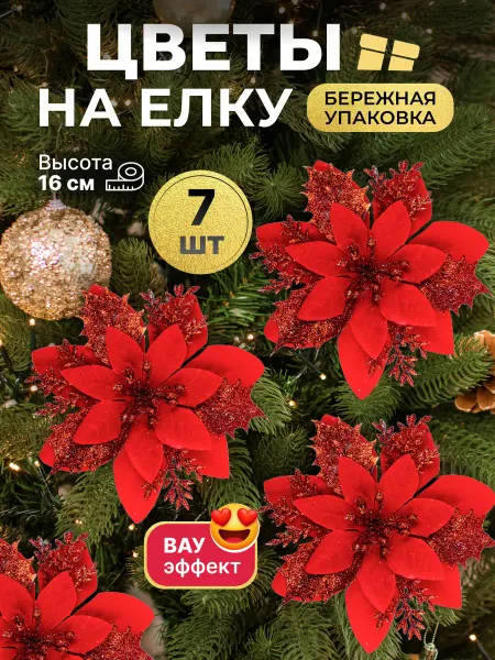 Набор елочные игрушки цветы пуансеттия