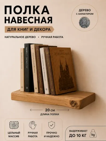 КлиWood Полка настенная навесная из натурального дерева 20см