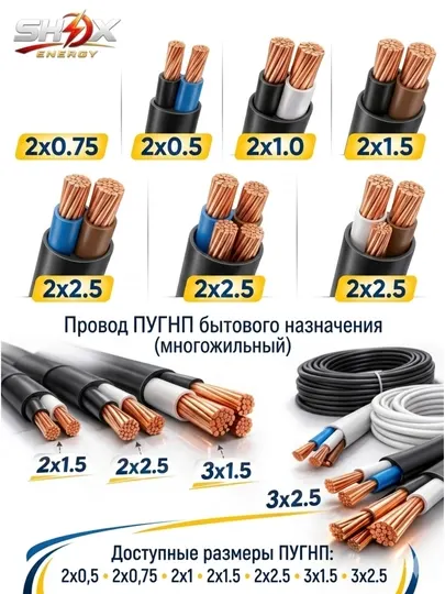 Провод ПУГНП 2х0,5/2х0,75/2х1/2х1.5/2х2.5/3х1.5/3х2.5 бытового назначения (многожильный)