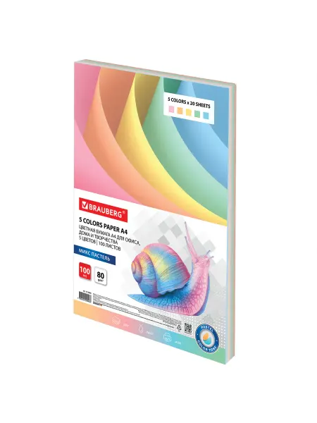 Brauberg Бумага цветная А4, 80 г м2, 100 л, (5 цветов х 20
