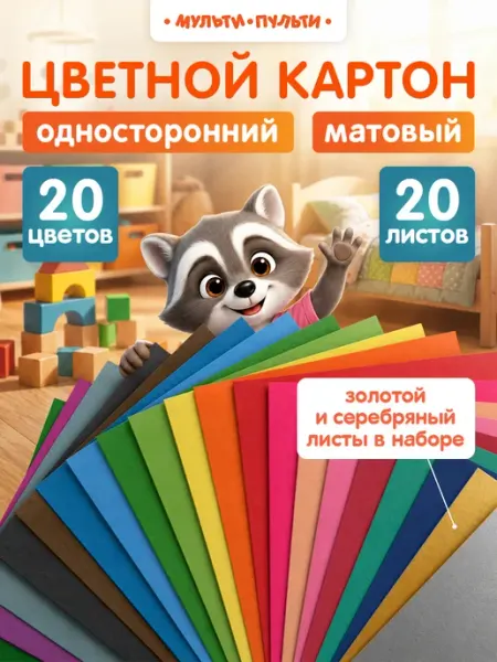 Мульти-Пульти! Цветной картон для школы двусторонний A4 20 листов