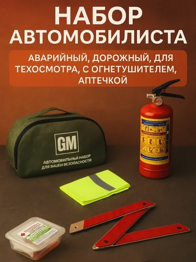 Набор автомобилиста, аварийный, дорожный, для техосмотра ТО с огнетушителем, аптечкой