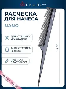 DEWAL Рабочая расческа NANO для начеса, с пластиковым хвостиком, антистатик, черная 20 см.