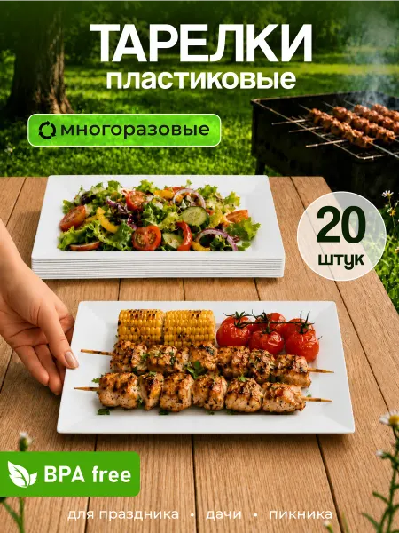 KUBER HOME Тарелки пластиковые плоские прямоугольные для вторых блюд 20…