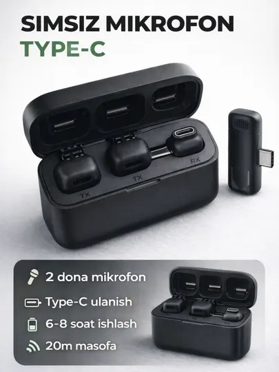 Беспроводной микрофон 2 шт Type-C и для iPhone до 20м шумоподавление