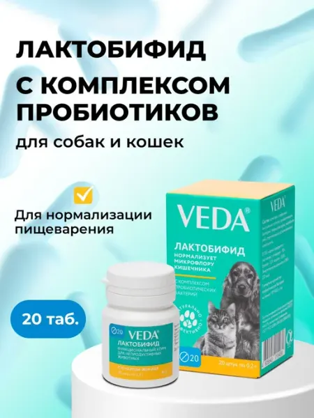 Veda Комплекс пробиотиков для кошек и собак Лактобифид, 20 таб