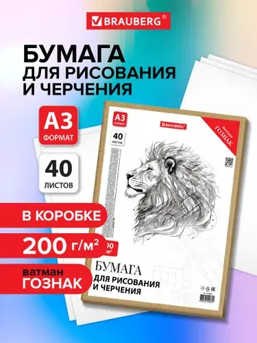 Бумага для черчения, творчества и рисования для школы канцелярская, папка с листами А3, 297х420 мм, 40 л., 200 г/м2, ватман Гознак, Brauberg