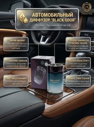 Освежитель воздуха для авто и дома BLACK ODOR диффузор парфюм, 200г