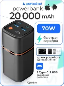 Powerbank для ноутбука/смартфона, Gurdini Cube Power 70W GBP-07B 20000 mAh чёрный. Повербанк для быстрой зарядки ноутбука, внешний аккумулятор для MacBook