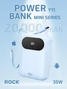 Внешний аккумулятор карманный ROCK Y11 Mini Series Power Bank with Cable 20000mAh 35w голубой