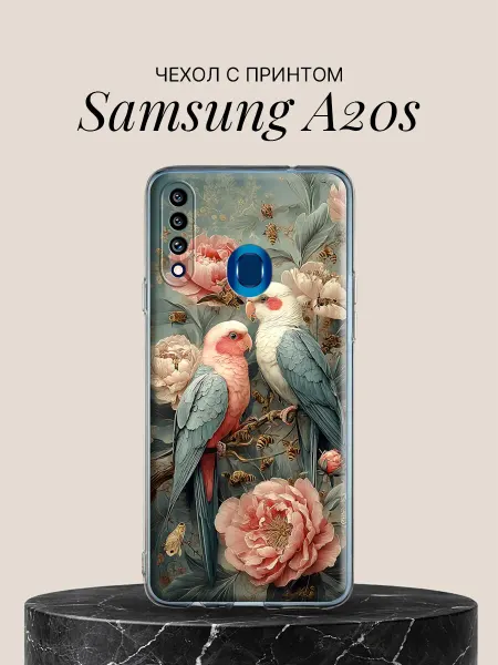Samsung Чехол на A20s с принтом Попугаи с пионами
