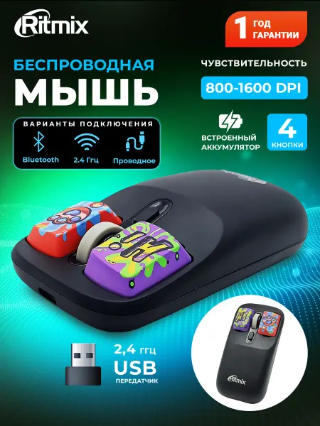 RITMIX Мышь беспроводная компьютерная RMW-335 3 варианта подключени…