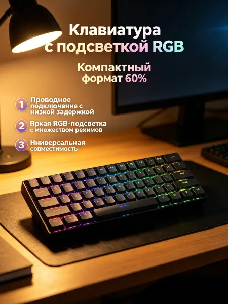 ENVONIX Компактная Клавиатура 60% RGB Проводная USB Универсальная