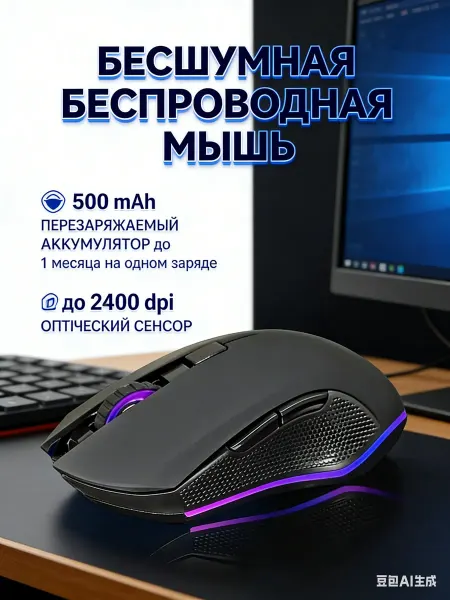 Inphic Мышь беспроводная бесшумная с аккумулятором и с подсветкой