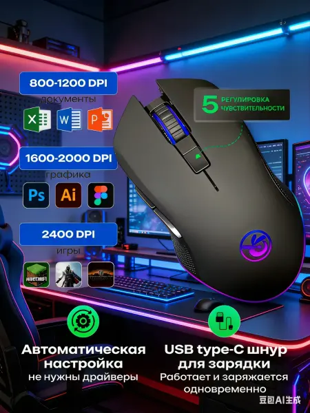 Vatmaster Мышка беспроводная компьютерная для ноутбука с подсветкой