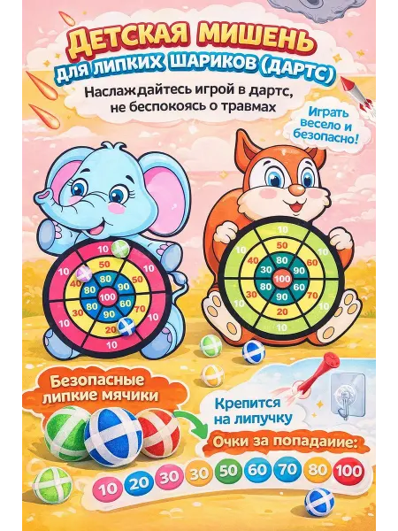 Дартс детский на липучках комплект из 12 шариков лисенок