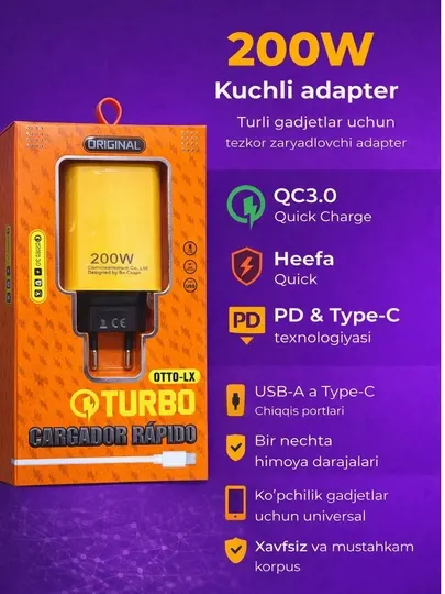Сетевой адаптер быстрой зарядки 200W, универсальное зарядное устройство USB-C и USB-A GaN