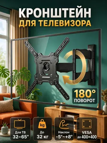 Кронштейн для телевизора настенный поворотно-наклонный 32-65 дюймов, подходит для VESA100x100 200x200 300x300 400x400 мм, нагрузка до 32 кг, стальной, черный