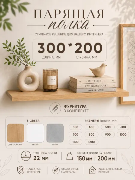 KN HOME Полка парящая 30х20 см настенная Дуб 22 мм