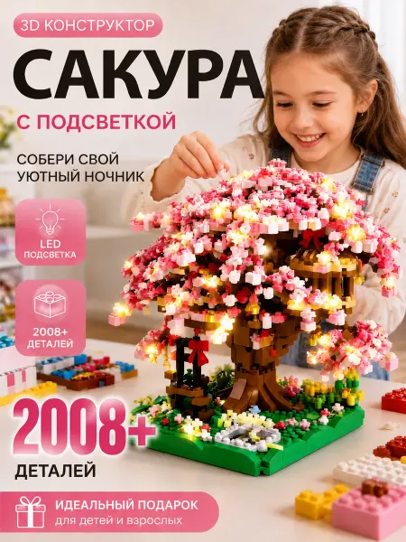Игровой Дом 3D-конструктор мини-блоки Ночник с сакурой в японском стиле