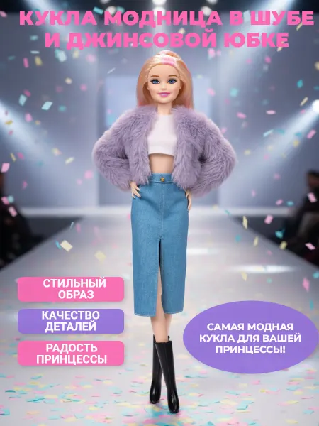 Miss Kapriz Кукла в серой шубе и джинсовой юбке