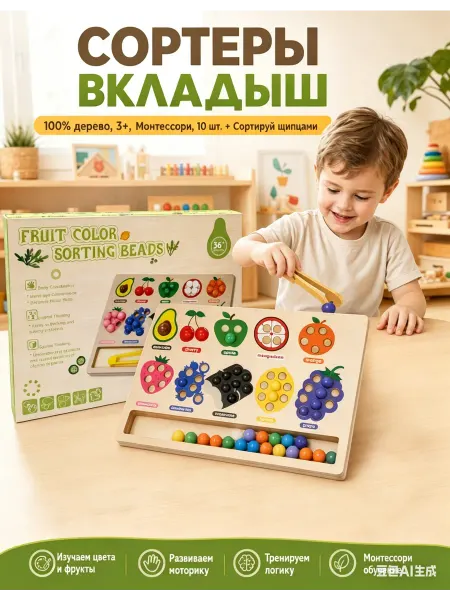 Сортер деревянный «Фрукты» с шариками, 10 шт