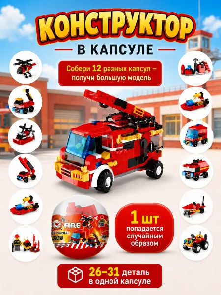 Капсула конструктор Пожарная часть, игрушка 1 шт