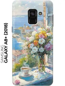 Силиконовый чехол на Samsung Galaxy A8+ (2018) с принтом "Букет цветов и кофе"