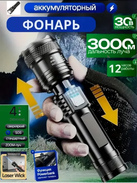 2025 фонарь пауэр банк, зум, дисплей, 3 режима, яркий, LED свет для охоты и туризма