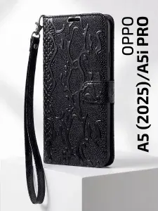 Чехол-книжка на OPPO A5 (2025) / OPPO A5i Pro (Чехол на Оппо А5 (2025)/А5i Про) c магнитной застежкой, отделением под карты, с ремешком, змея, черный