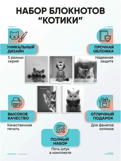 Комплект тетрадей ФЕНИКС+ 48 л, клетка, 5 шт, Монохромные коты А5+ — дизайн 2026