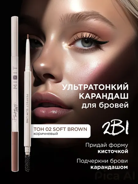 Карандаш для бровей MIXIT MAKE UP, автоматический, с щеточкой, оттенок 02 коричневый
