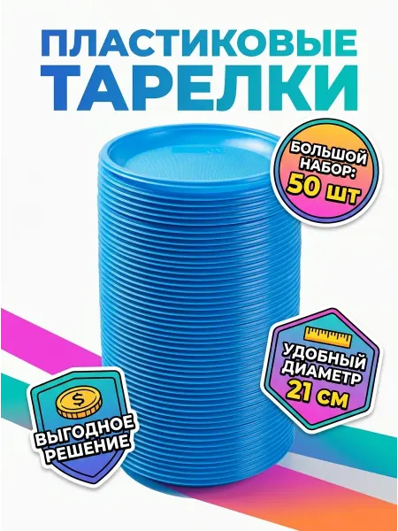 KiLeNa Тарелка одноразовая пластиковая цвет рандом 21 см 50шт