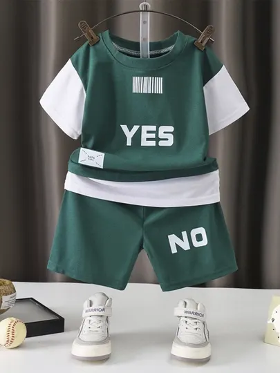 Детский комплект "YES/NO", футболка и шорты, бамбук, синий, серый и зелёный