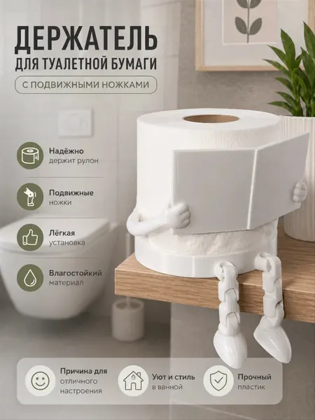 Держатель для туалетной бумаги, с подвижными ножками, пластик, белый