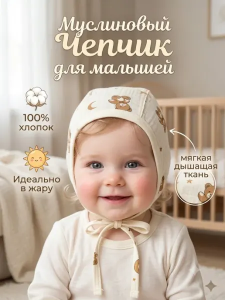 БуБуЛиК Муслиновый Чепчик для новорожденных