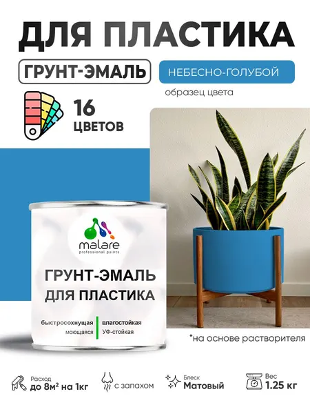 Грунт-Эмаль для пластика Malare краска для пластика/ для сайдинга, для окон и подоконников ПВХ/ для внутренних и наружных работ, быстросохнущая RAL 5015 небесно-голубой, матовая, 1,25 кг