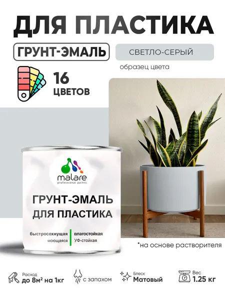 Грунт-Эмаль для пластика Malare краска для пластика/ для сайдинга, для окон и подоконников ПВХ/ для внутренних и наружных работ, быстросохнущая RAL 7035 светло-серый, матовая, 1,25 кг