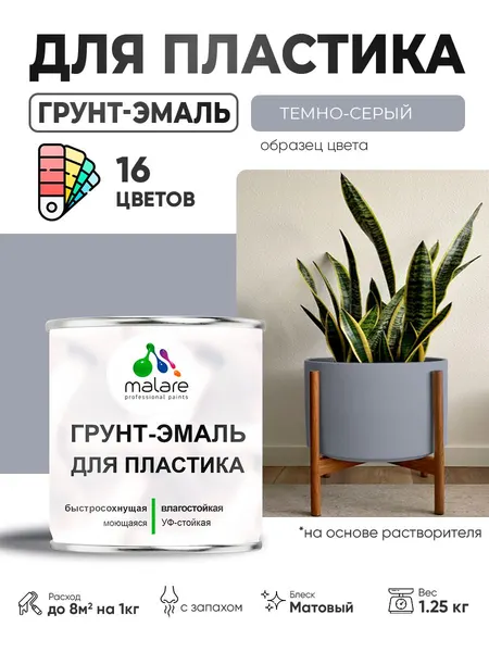 Грунт-Эмаль для пластика Malare краска для пластика/ для сайдинга, для окон и подоконников ПВХ/ для внутренних и наружных работ, быстросохнущая RAL 7040 темно-серый, матовая, 1,25 кг