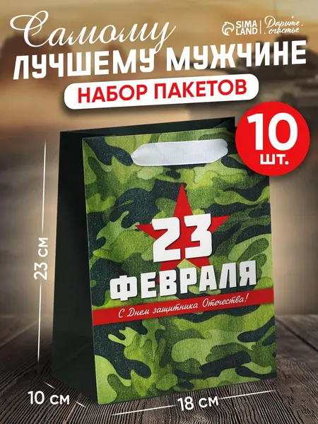 Пакеты подарочные на 23 февраля, набор 10 шт, 18 х 23 х 10 см