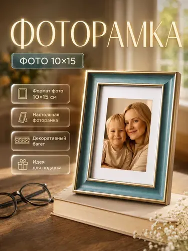 Фоторамка пластик 10x15 см, темное золото, на чёрном / рамка для фото