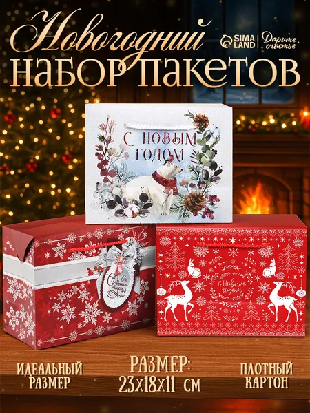 Пакеты новогодние подарочные, 23 х 18 х 11 см, набор 3 шт.