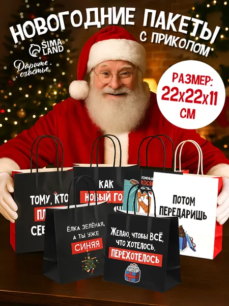 Пакеты новогодние подарочные, набор 6 штук, 22 х 22 х 11 см