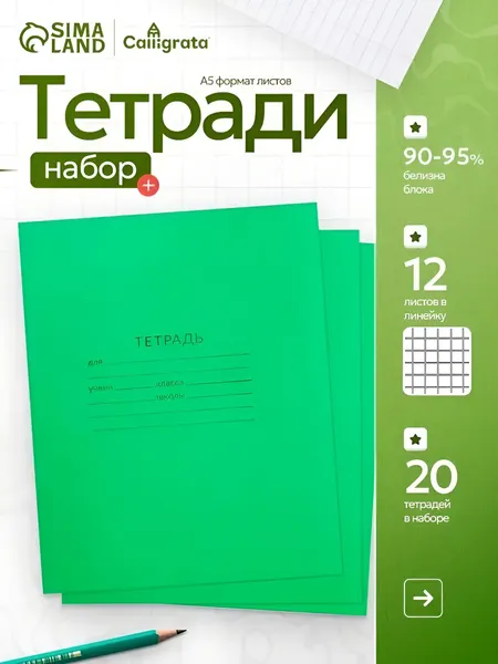 Тетрадь на скрепках 12 листов 20 шт в клетку, A5