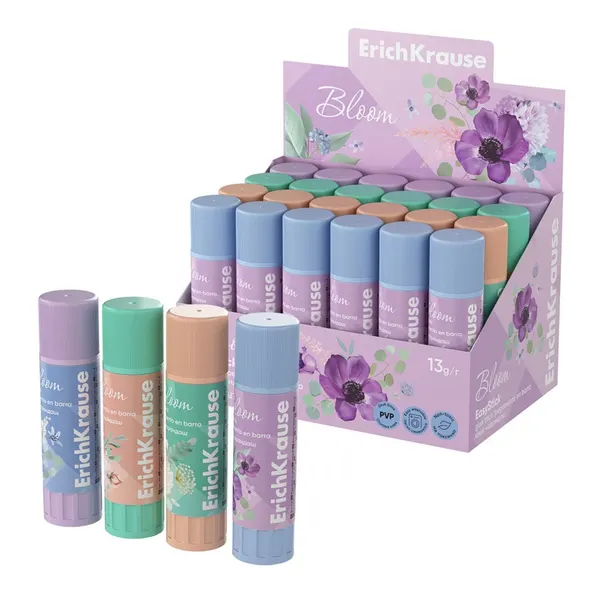 Клей-карандаш 13г ErichKrause EasyStick "Pastel Bloom" PVP, экономичный расход